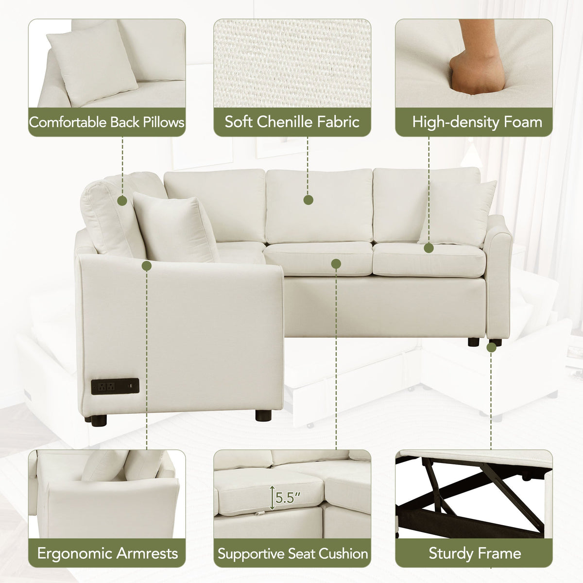 124.8 Shaped Sofa Convertible Sofa Bed Pull ut SofOa Sleeper