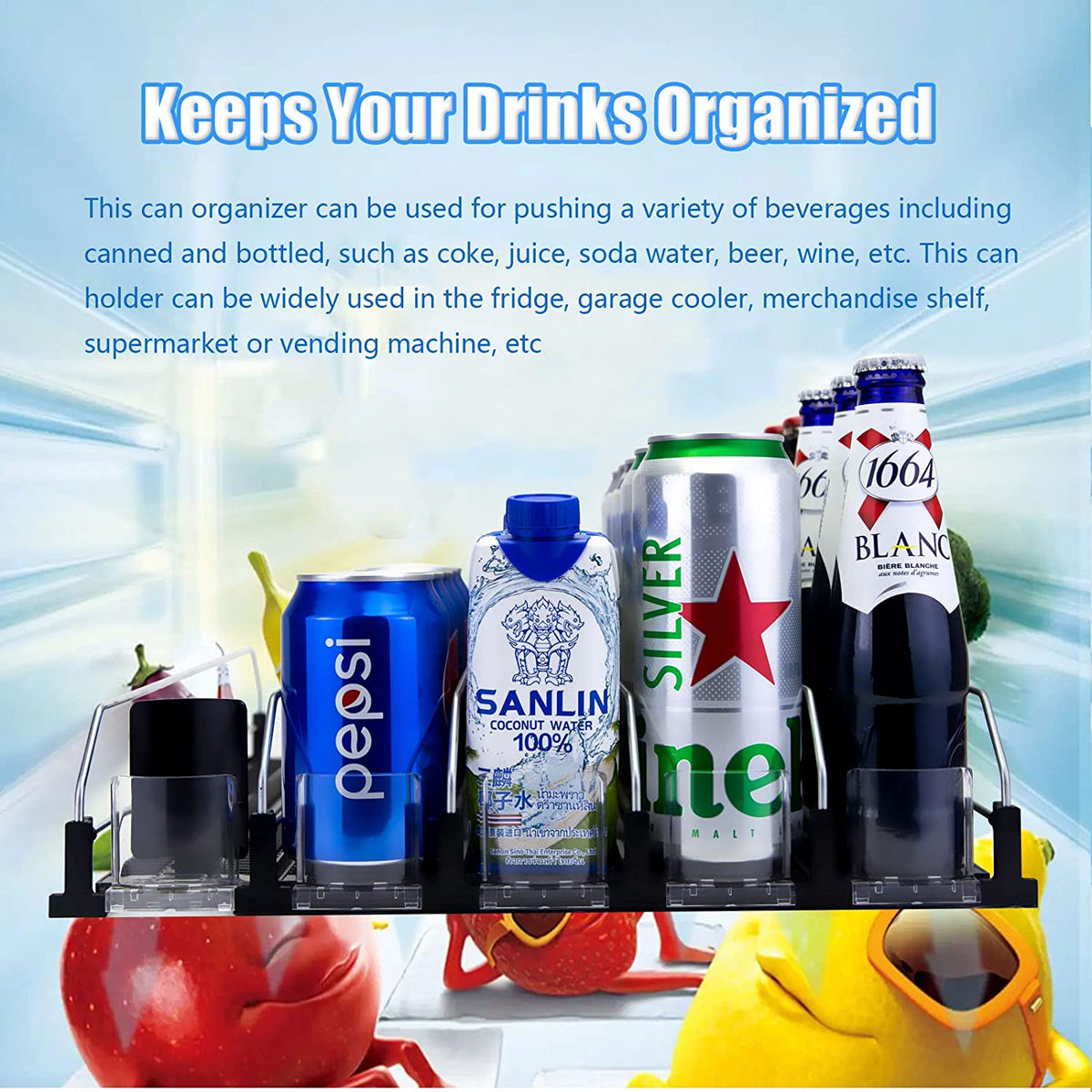 Drink Organizer for Fridge, Self-Pushing Soda Can Dispenser 5 Row Adjustable